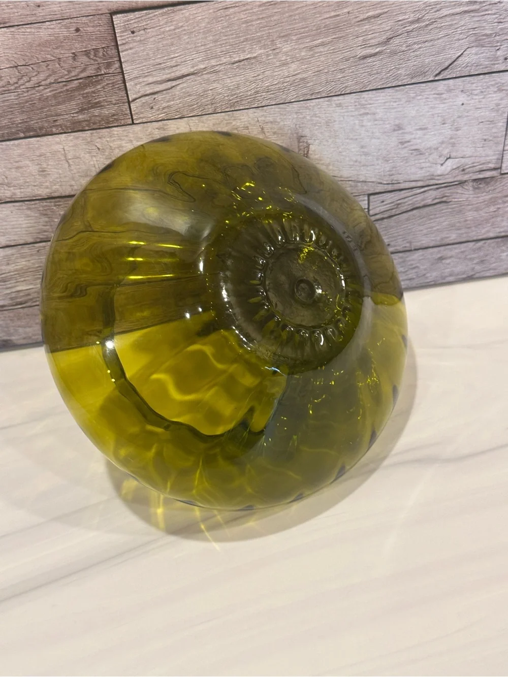 Vintage Pilgrim Glass Olive Green Optic Rose Bowl Vase Mid Century MCM Fish Bowl